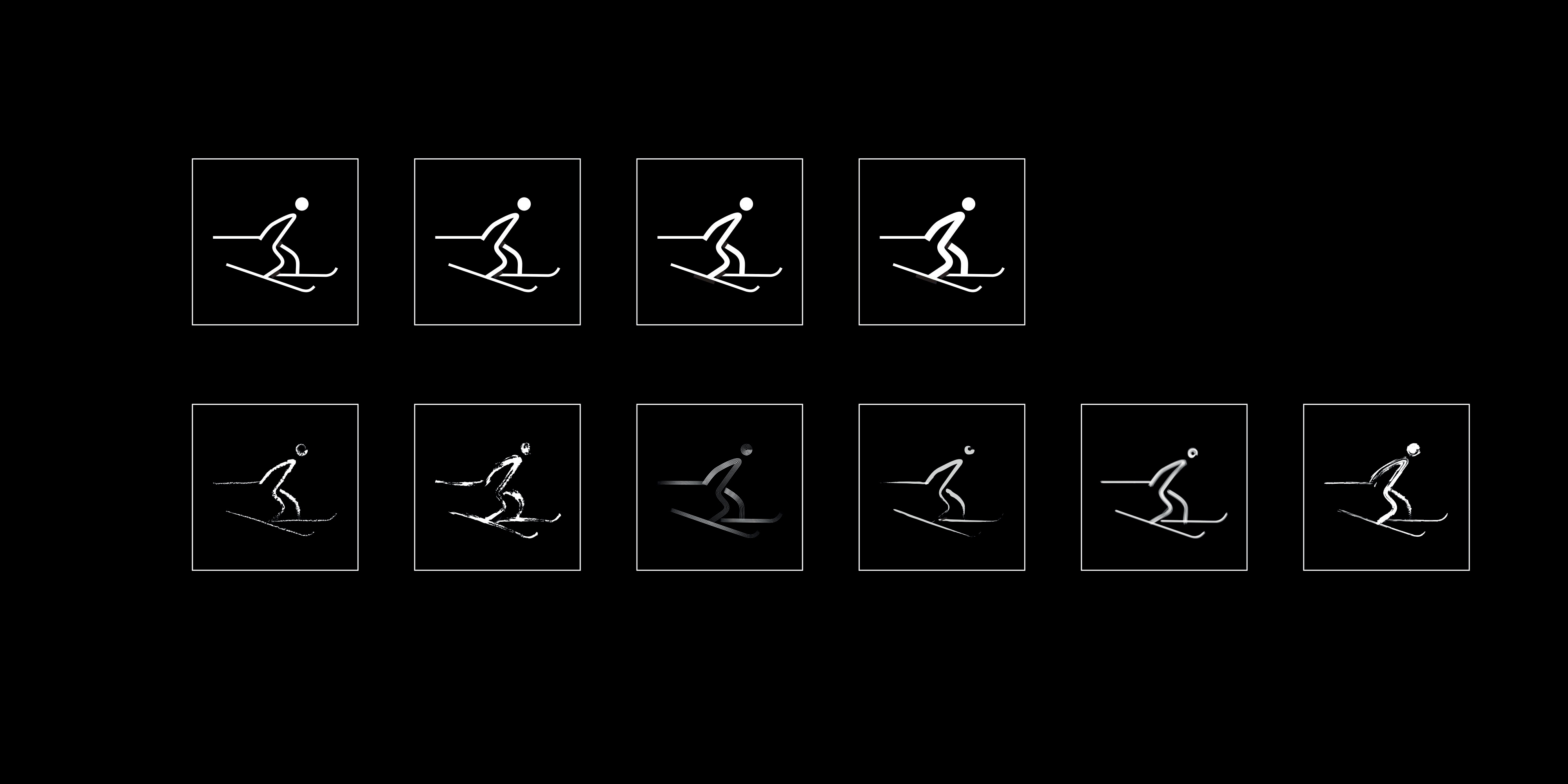 Dasselbe Langlauf-Piktogramm in vier Strichstärken und sechs Duktus-Varianten